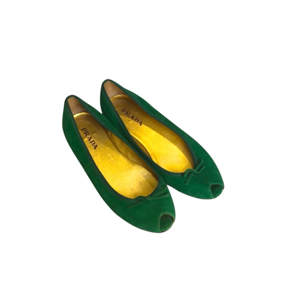 PRADA Green Suede Peep Toe Flats